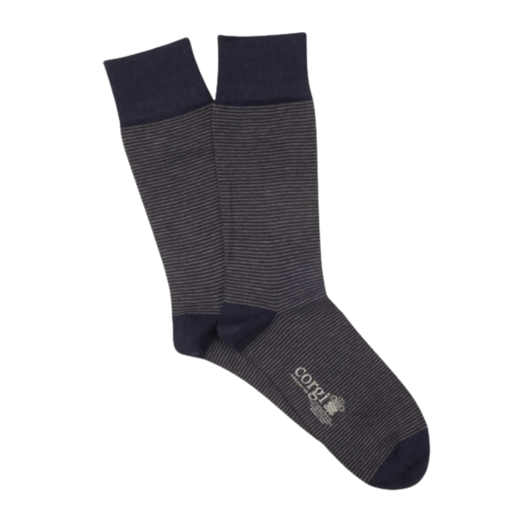 Micro Stripe Mercerised Cotton Socks - Navy & Slate