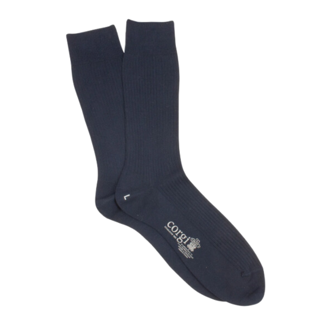 Plain Ribbed Mercerised Cotton Socks - Navy