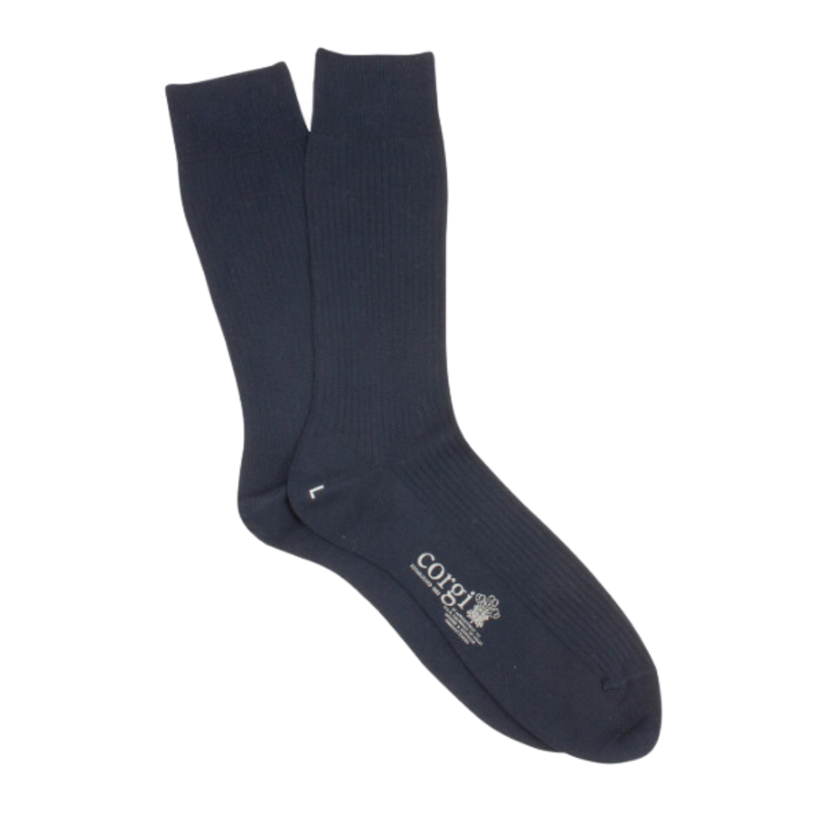 Plain Ribbed Mercerised Cotton Socks - Navy