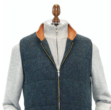 Irish Tweed Gilet Vest w/ Leather Trim - Blue