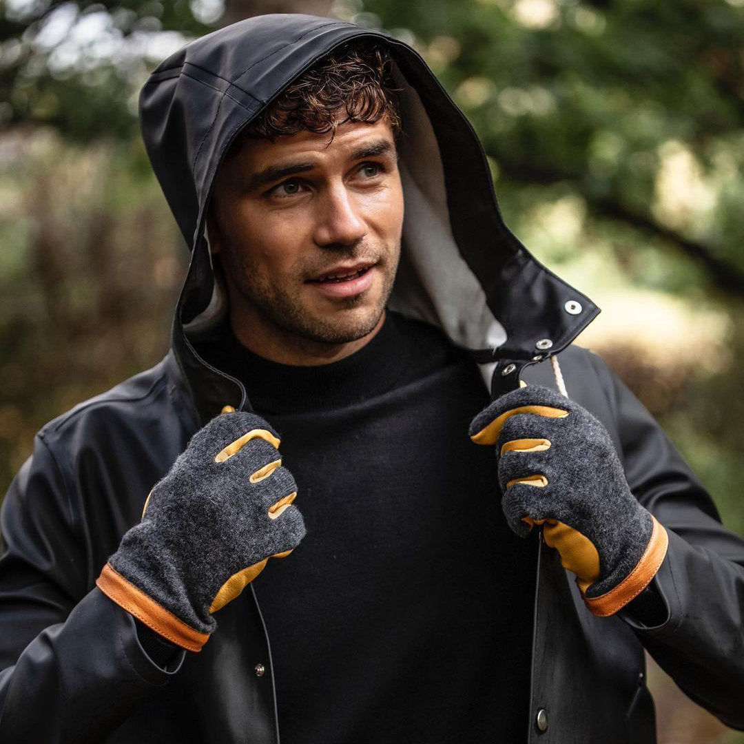 Deerskin Wool Tricot Glove - Charcoal - Natural Yellow