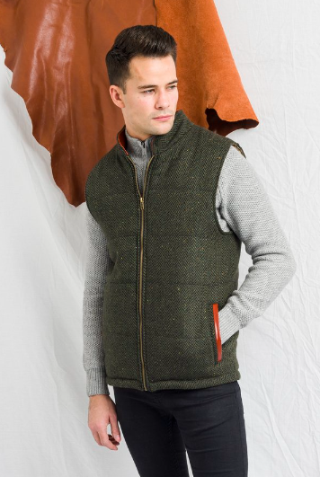 Irish Tweed Gilet Vest w/ Leather Trim - Green