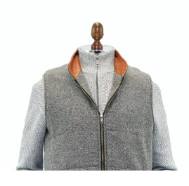 Irish Tweed Gilet Vest w/ Leather Trim - Light Grey