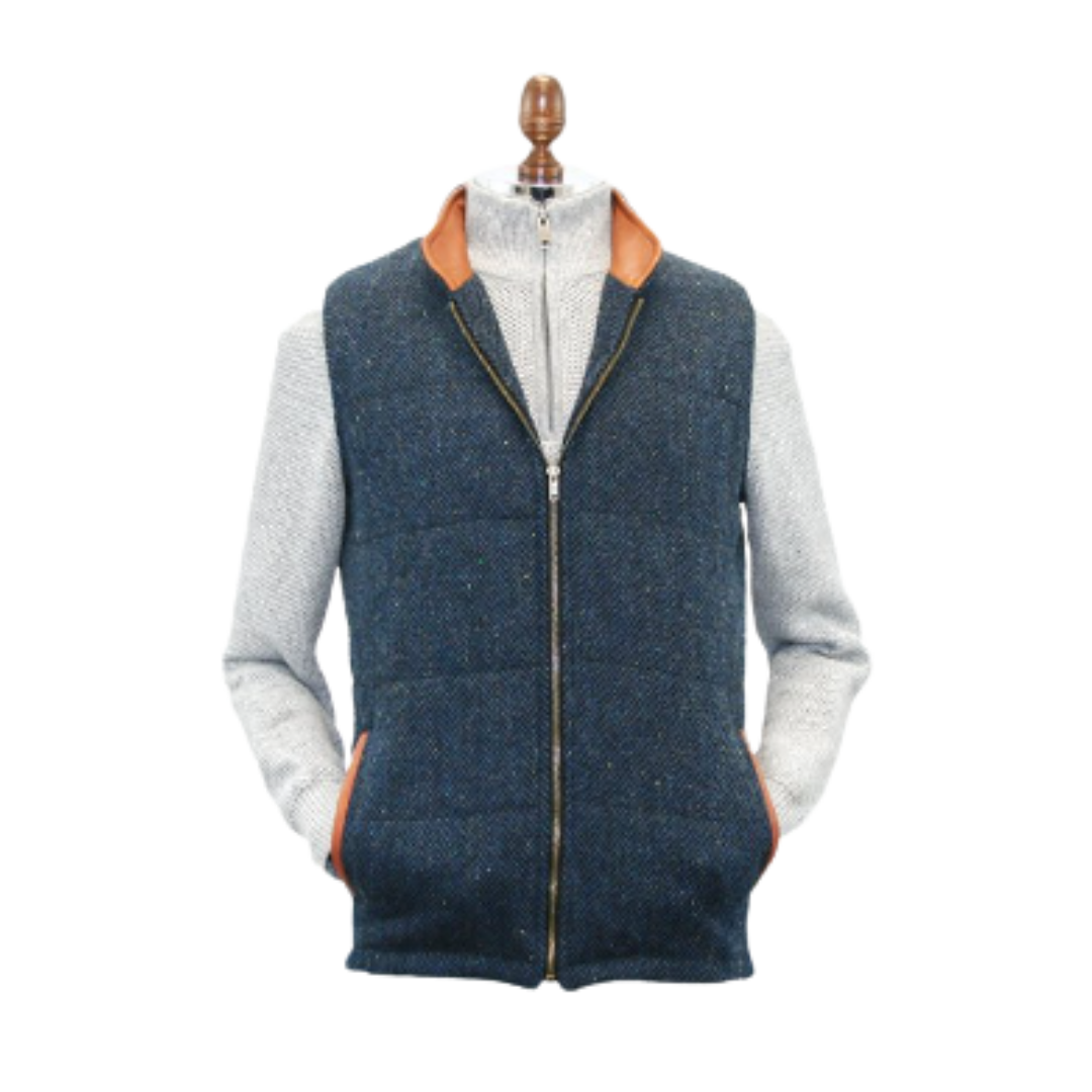 Irish Tweed Gilet Vest w/ Leather Trim - Blue