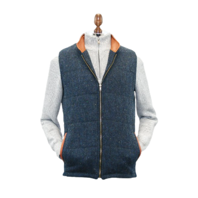 Irish Tweed Gilet Vest w/ Leather Trim - Blue