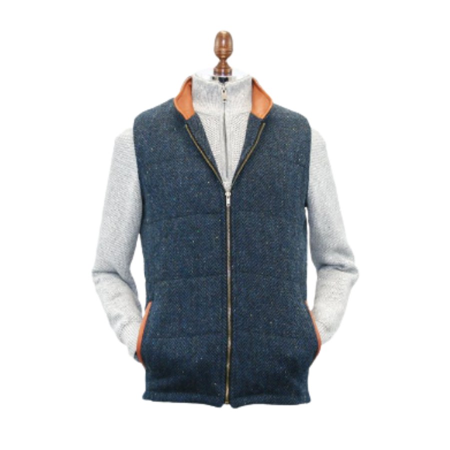 Irish Tweed Gilet Vest w/ Leather Trim - Blue